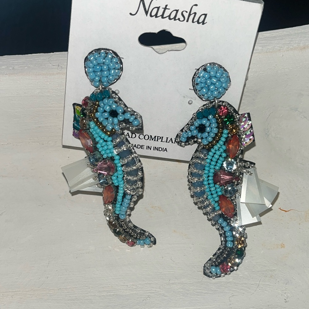 NEW Natasha Seahorse Crystal Beaded Drop Statement Earrings